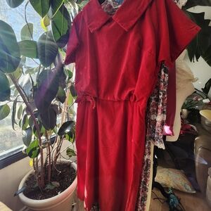 Vintage Red Velvet Dress with Collar Bows Midi Short Sleeved Large 40s 50s